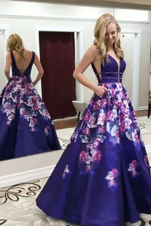 A-Line Deep V-Neck Sweep Train Royal Blue Printed Satin Backless Prom Dress with Beading LRA116