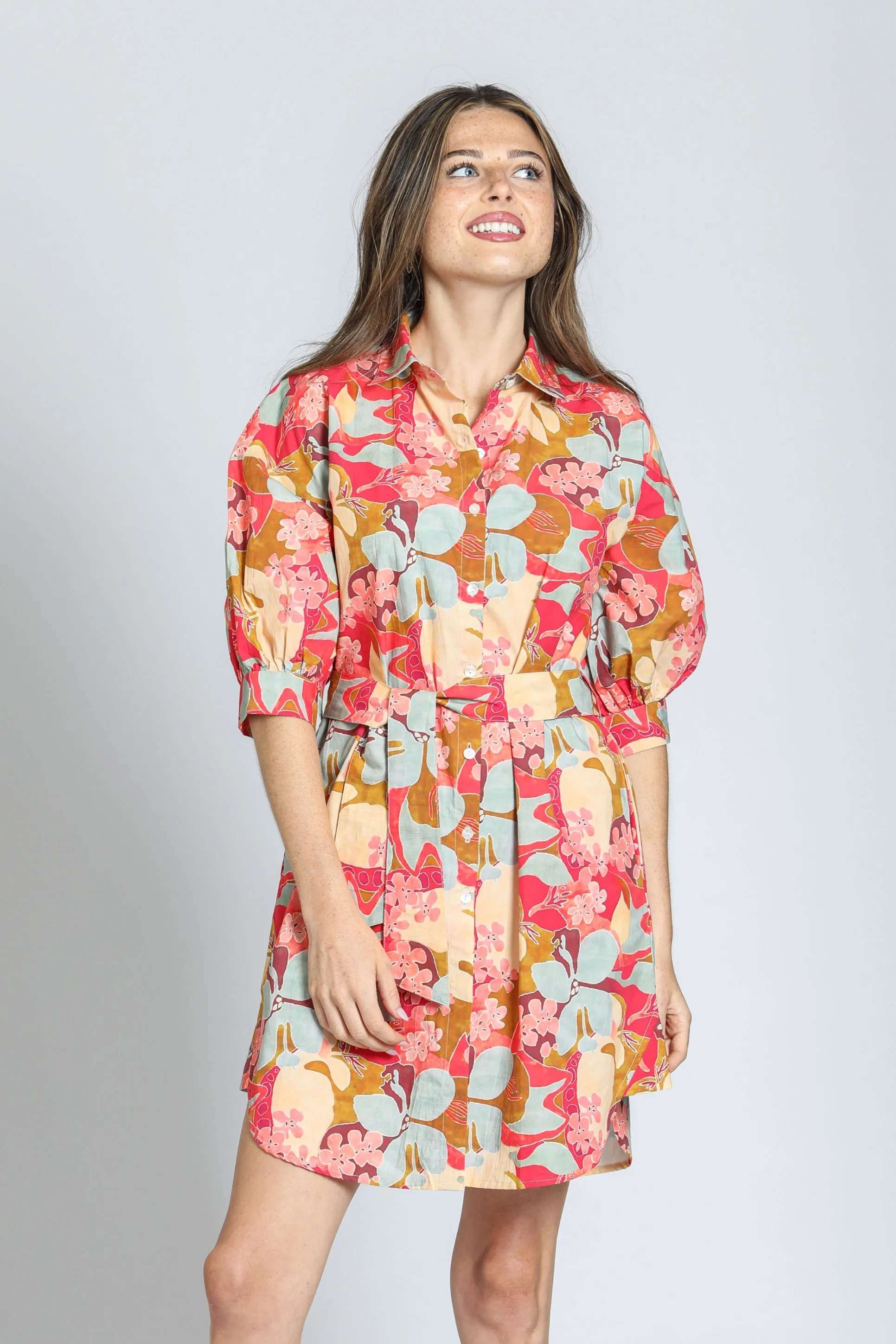 APNY Coral Belted Puff Sleeve Dress in Garden Party Print