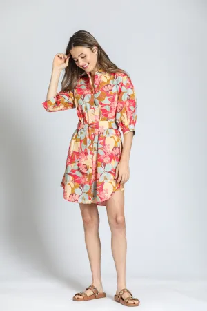 APNY Coral Belted Puff Sleeve Dress in Garden Party Print