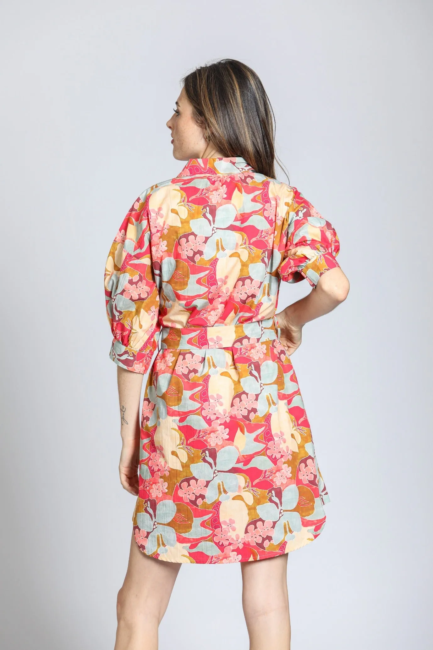 APNY Coral Belted Puff Sleeve Dress in Garden Party Print