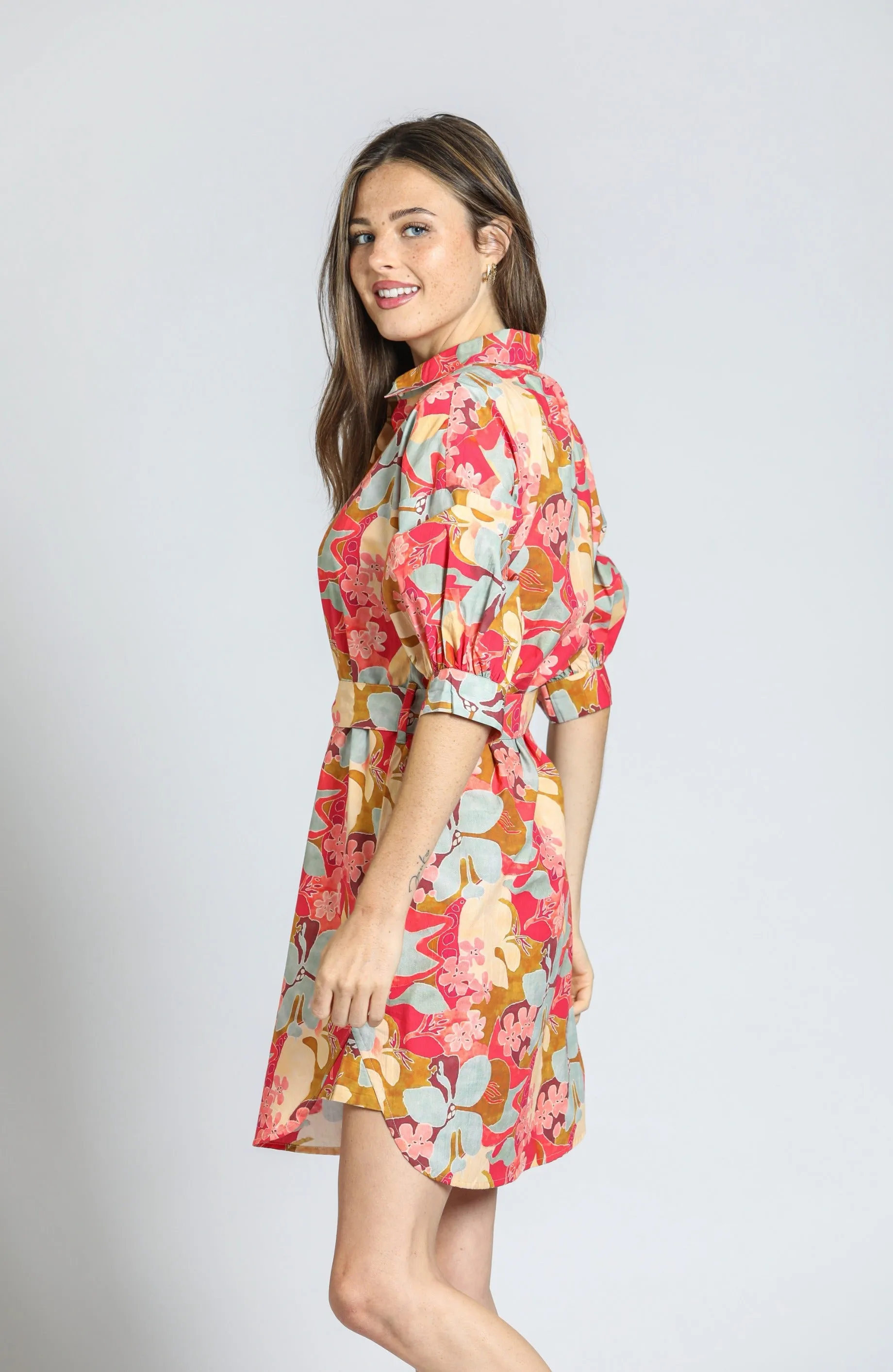 APNY Coral Belted Puff Sleeve Dress in Garden Party Print