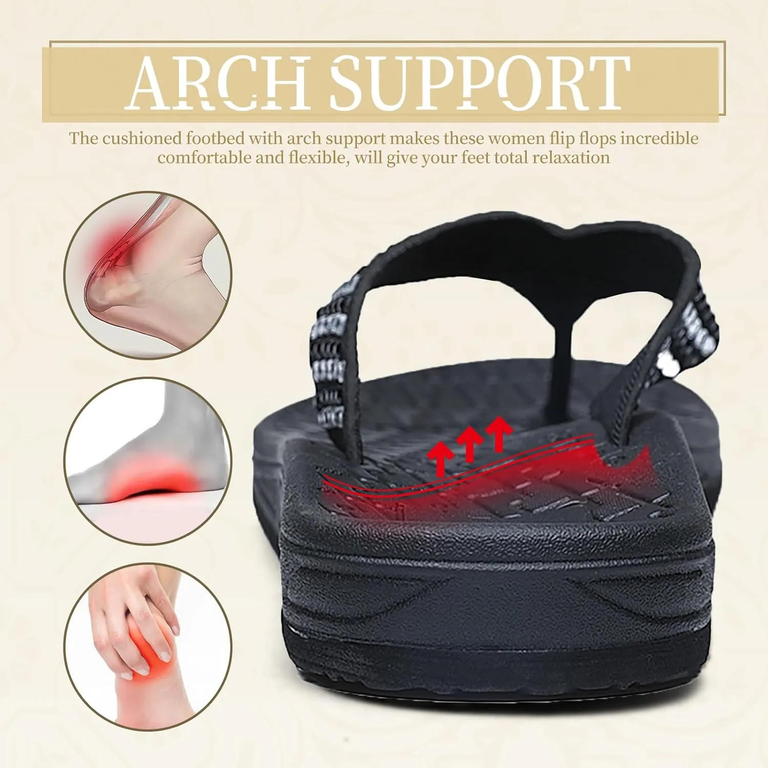 Arch Support Flip Flops for Women Rhinestone Comfor Walking Thong Womens Sandals Orthotic Rubber Soles Summer Beach Flip Flop Slippers Slip On Indoor Outdoor
