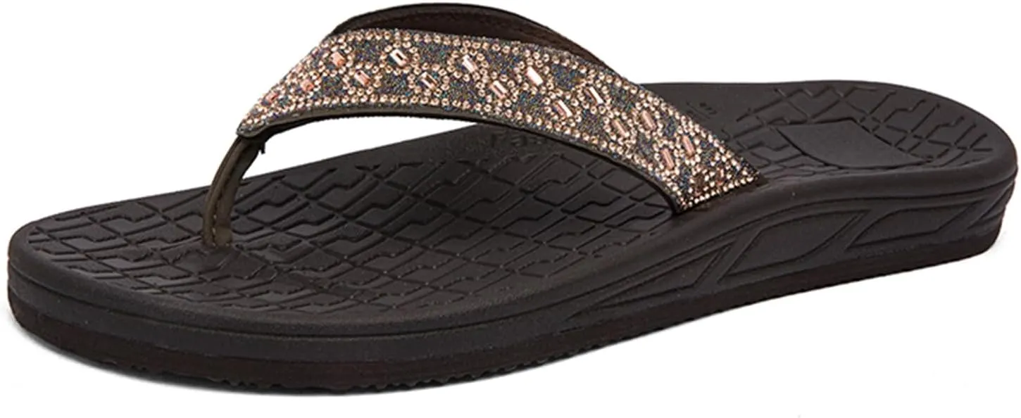 Arch Support Flip Flops for Women Rhinestone Comfor Walking Thong Womens Sandals Orthotic Rubber Soles Summer Beach Flip Flop Slippers Slip On Indoor Outdoor