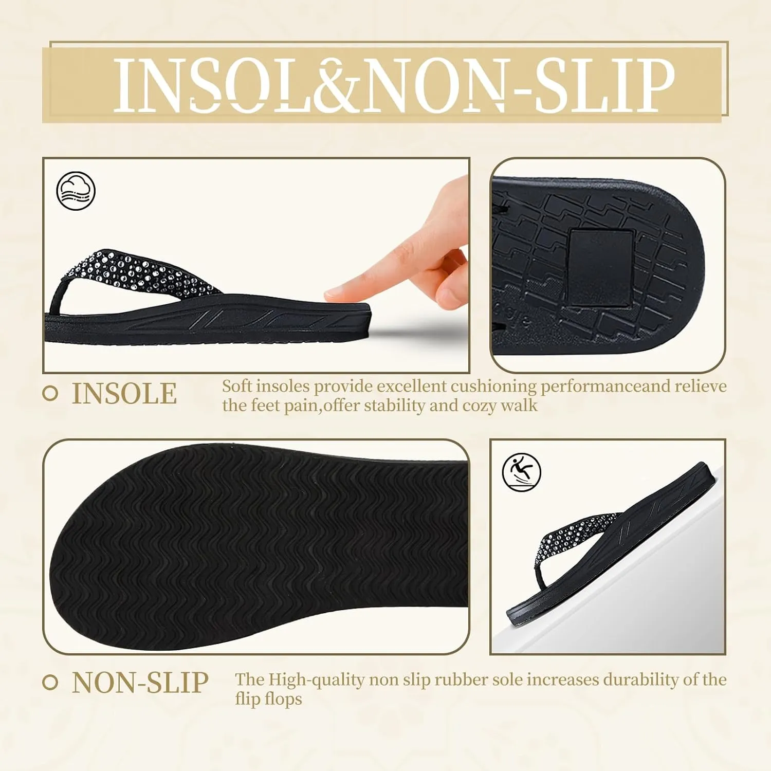 Arch Support Flip Flops for Women Rhinestone Comfor Walking Thong Womens Sandals Orthotic Rubber Soles Summer Beach Flip Flop Slippers Slip On Indoor Outdoor