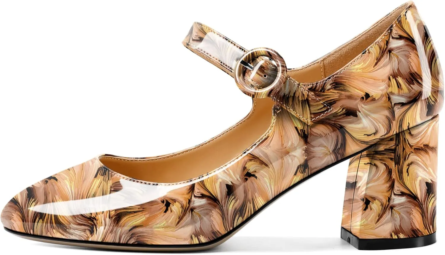 AUMOTED Women's Mary Jane Block Chunky Heels Pumps Close Round Toe Patent Heels Pumps 2.5 Inch Ladies Work Office Dress Shoes