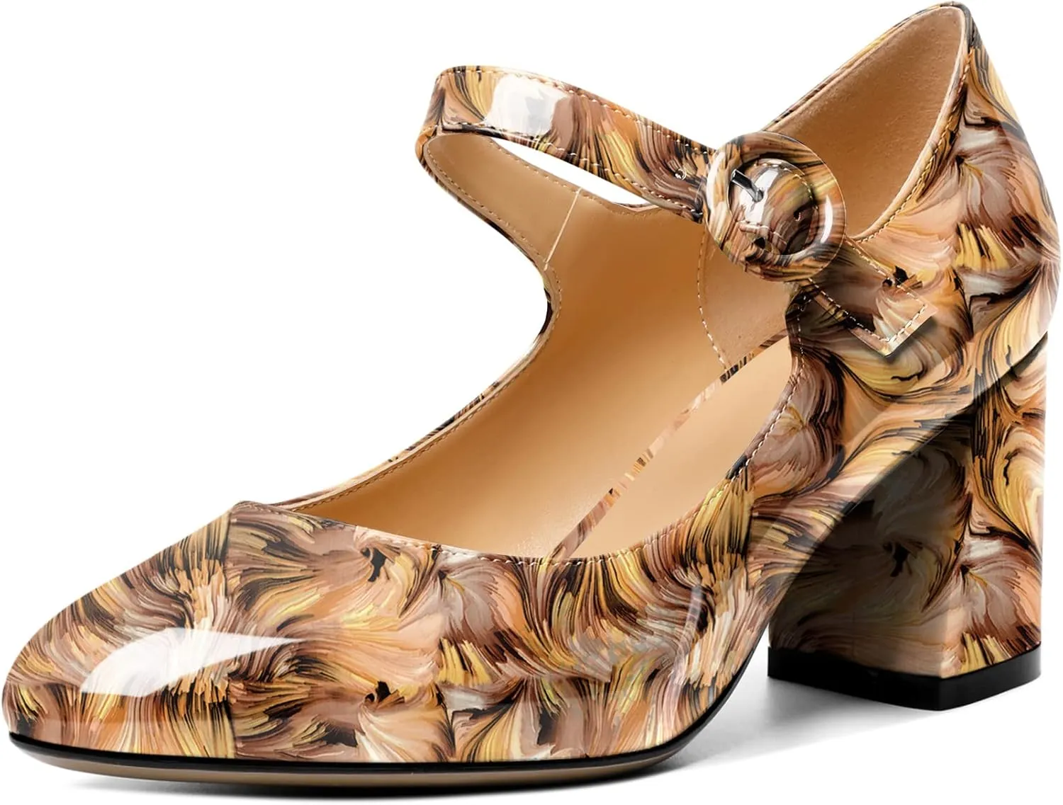 AUMOTED Women's Mary Jane Block Chunky Heels Pumps Close Round Toe Patent Heels Pumps 2.5 Inch Ladies Work Office Dress Shoes