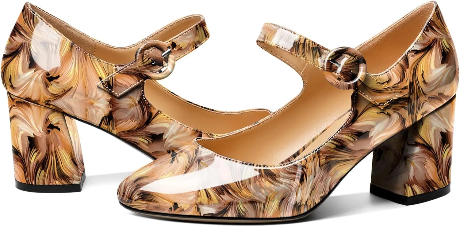AUMOTED Women's Mary Jane Block Chunky Heels Pumps Close Round Toe Patent Heels Pumps 2.5 Inch Ladies Work Office Dress Shoes