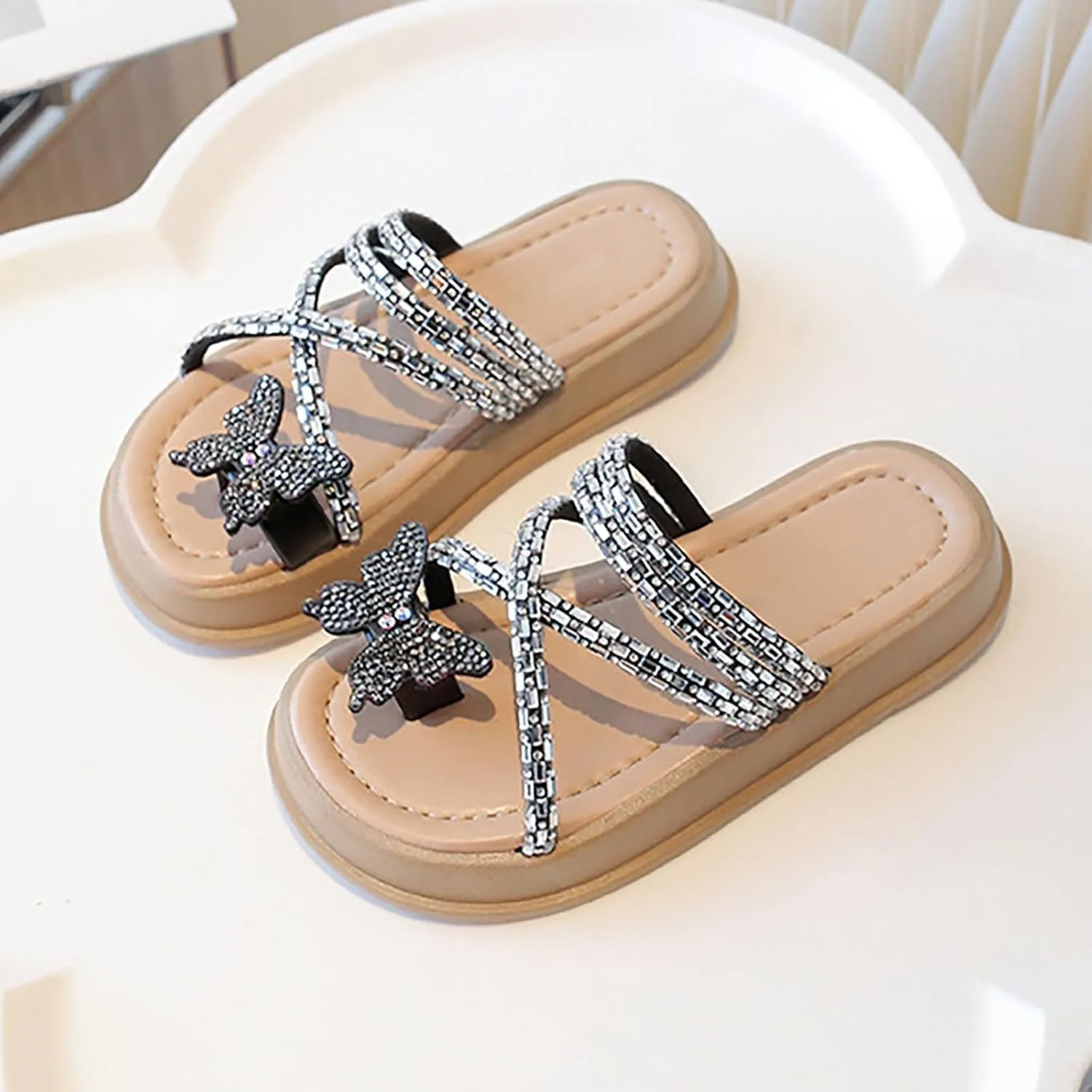 Baby Girls Flat Open Toe Sandals Slipper Bow Glitter Indoor Summer Wide Shoes Sole Rubber Beach Pool Breathable Shoes