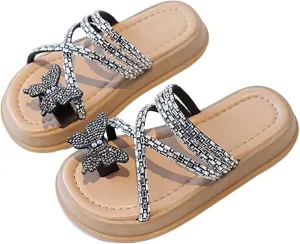 Baby Girls Flat Open Toe Sandals Slipper Bow Glitter Indoor Summer Wide Shoes Sole Rubber Beach Pool Breathable Shoes