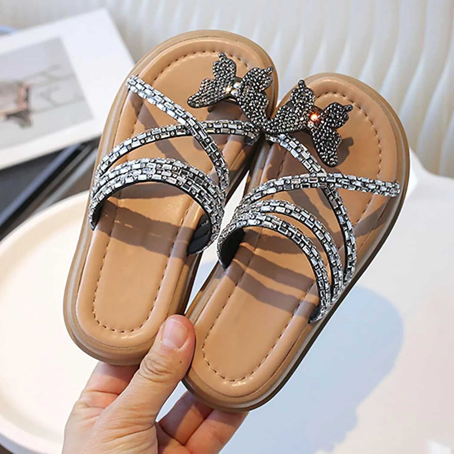 Baby Girls Flat Open Toe Sandals Slipper Bow Glitter Indoor Summer Wide Shoes Sole Rubber Beach Pool Breathable Shoes