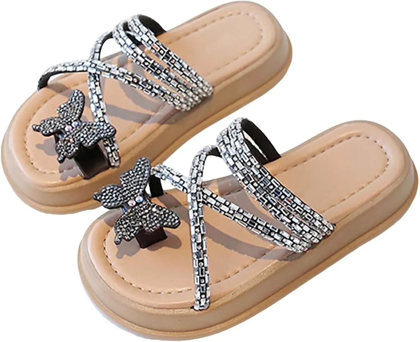 Baby Girls Flat Open Toe Sandals Slipper Bow Glitter Indoor Summer Wide Shoes Sole Rubber Beach Pool Breathable Shoes