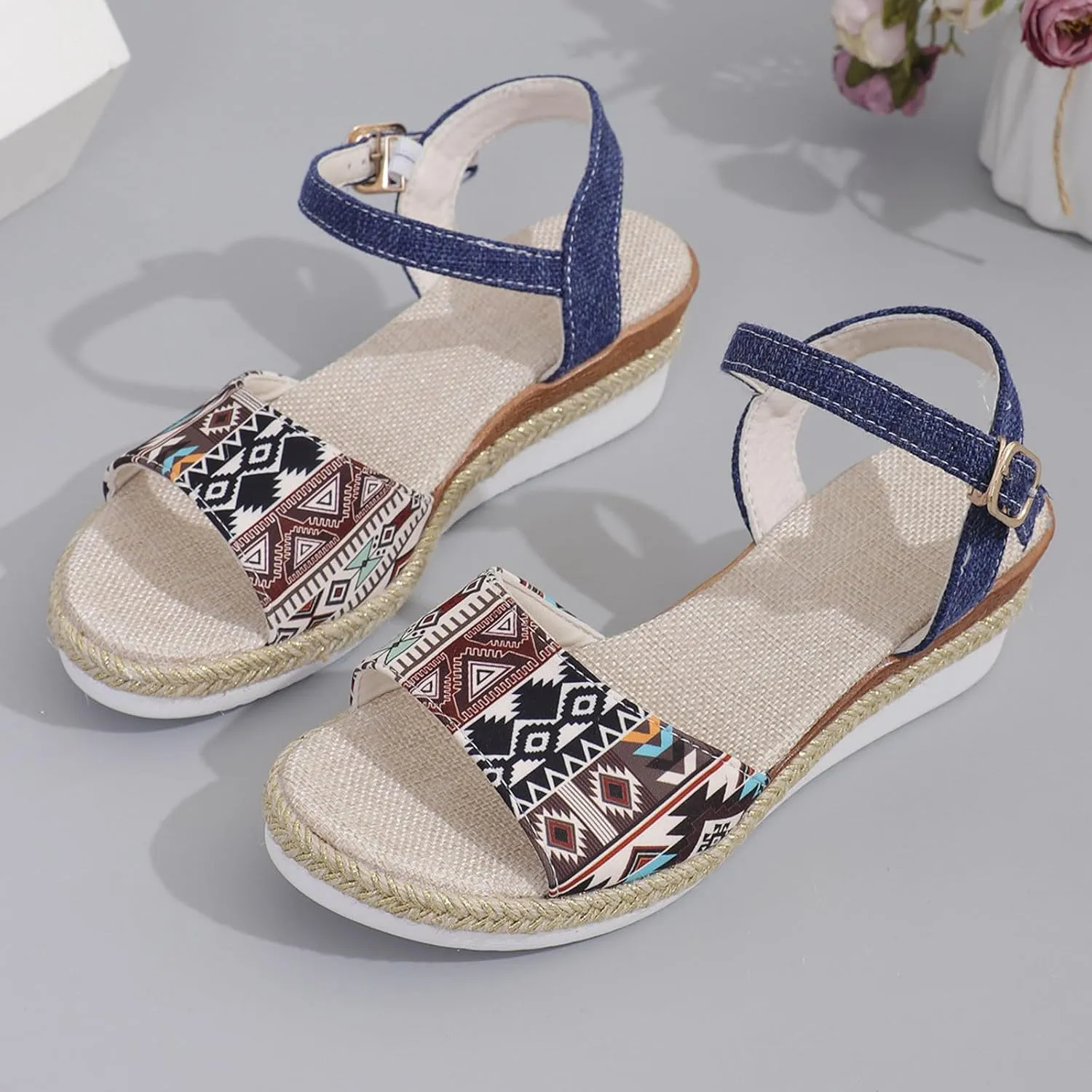 Breathable Open Toe Sandals for Women Non Slip Bohemian Wedge Sandal Orthopedic Sandals with Arch Support
