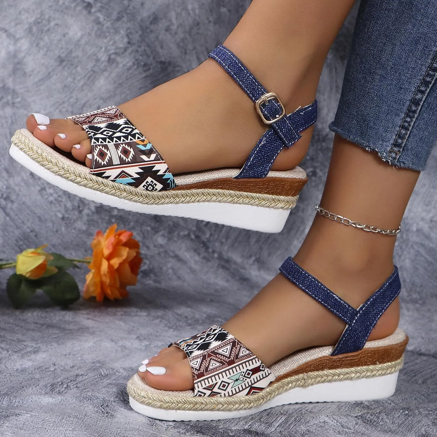 Breathable Open Toe Sandals for Women Non Slip Bohemian Wedge Sandal Orthopedic Sandals with Arch Support