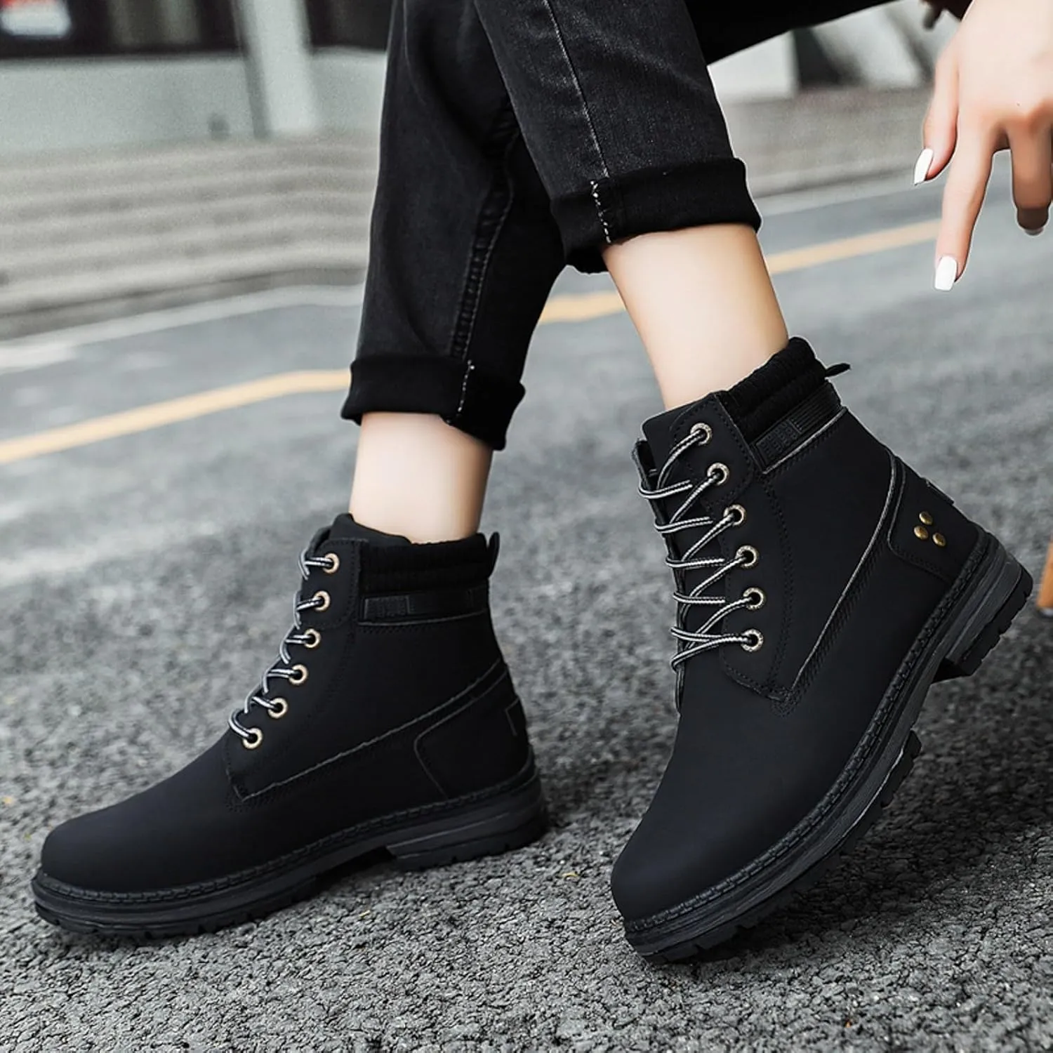 Cathalem Women's Combat Boots, Women's Work Waterproof Hiking Combat Boots Lace up Low Heel Booties Ankle Boots