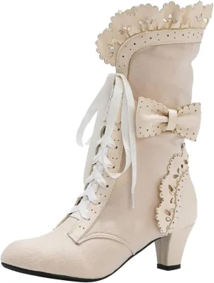 Cathalem Womens Victorian Boots Casual Lace Up Renaissance Boots 70s Mid Heels Vintage Boots Halloween Cosplay Witch Shoes
