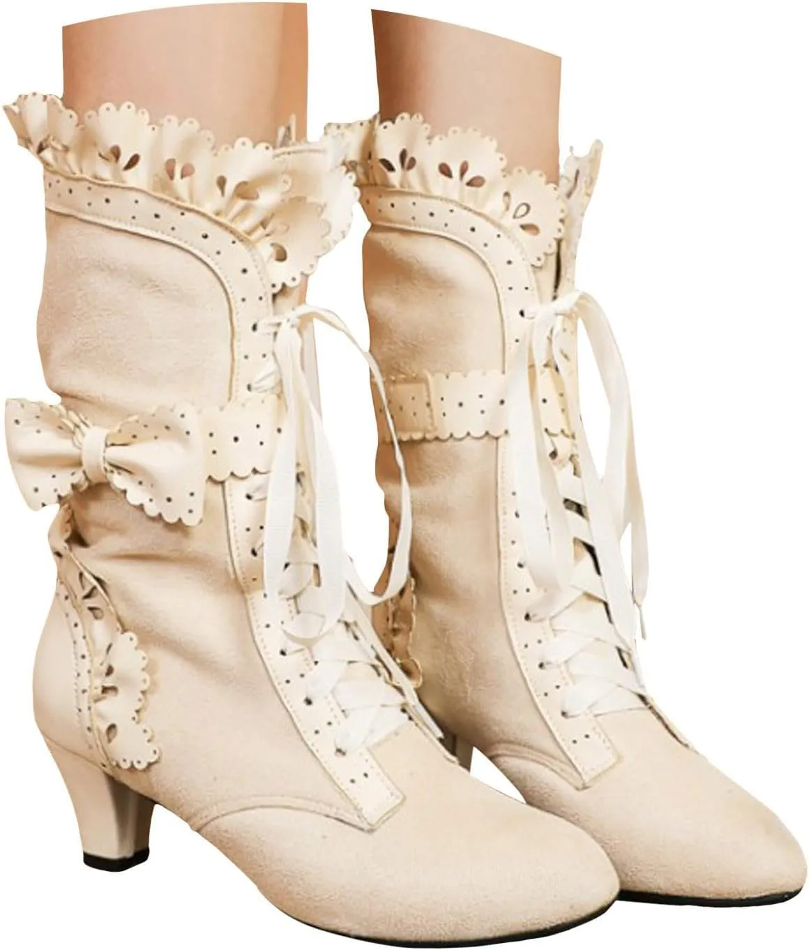 Cathalem Womens Victorian Boots Casual Lace Up Renaissance Boots 70s Mid Heels Vintage Boots Halloween Cosplay Witch Shoes