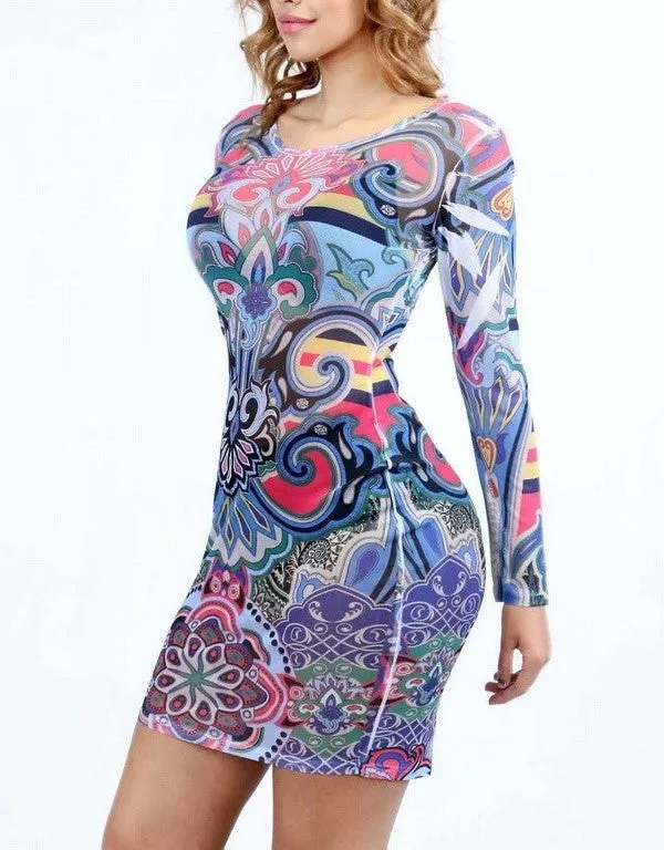 Colorful Print Sheer Mesh Floral Dress