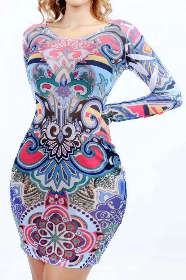 Colorful Print Sheer Mesh Floral Dress
