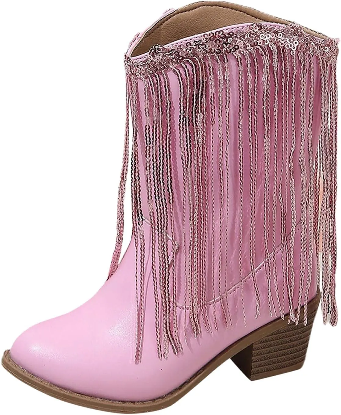 Cowgirl Boots for Girls Western Cowboy Boots Mid Calf Riding Shoes Glitter Fringe Mid Calf Boots with Block Low Heels
