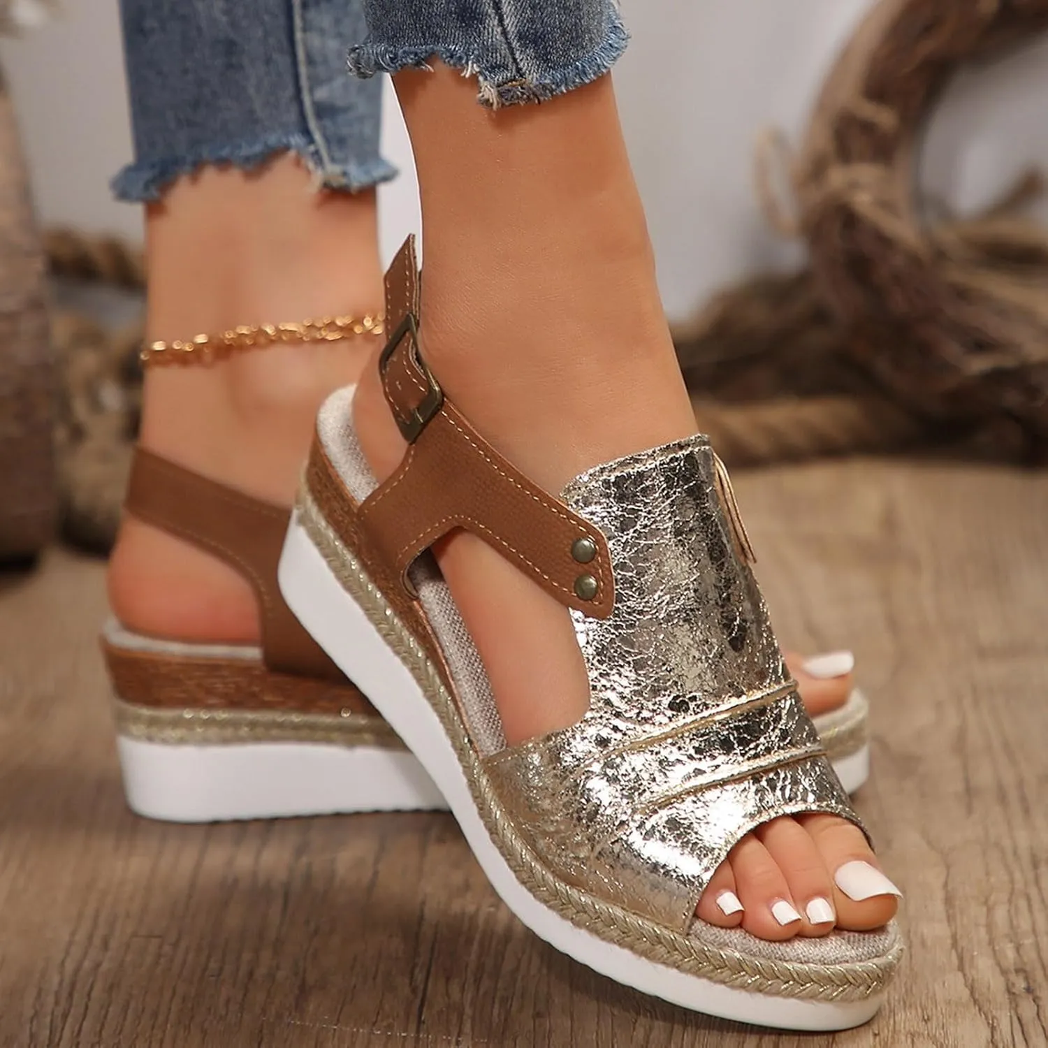 Dheva-C Orthopedic Platform Wedge Sandals for Women Summer Dressy 2023 Flat Open Toe Ankle Strap Espadrilles Sandals Casual Strappy Slip on Sandals Beach Boho Sandals Comfortable Outdoor Shoes