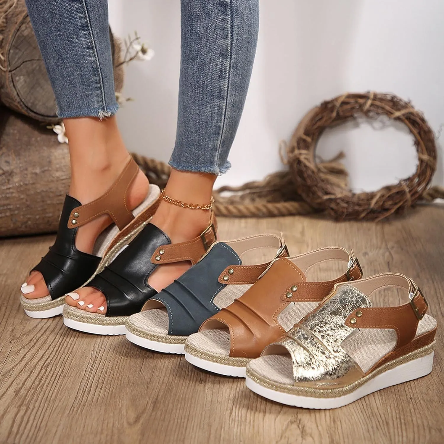 Dheva-C Orthopedic Platform Wedge Sandals for Women Summer Dressy 2023 Flat Open Toe Ankle Strap Espadrilles Sandals Casual Strappy Slip on Sandals Beach Boho Sandals Comfortable Outdoor Shoes