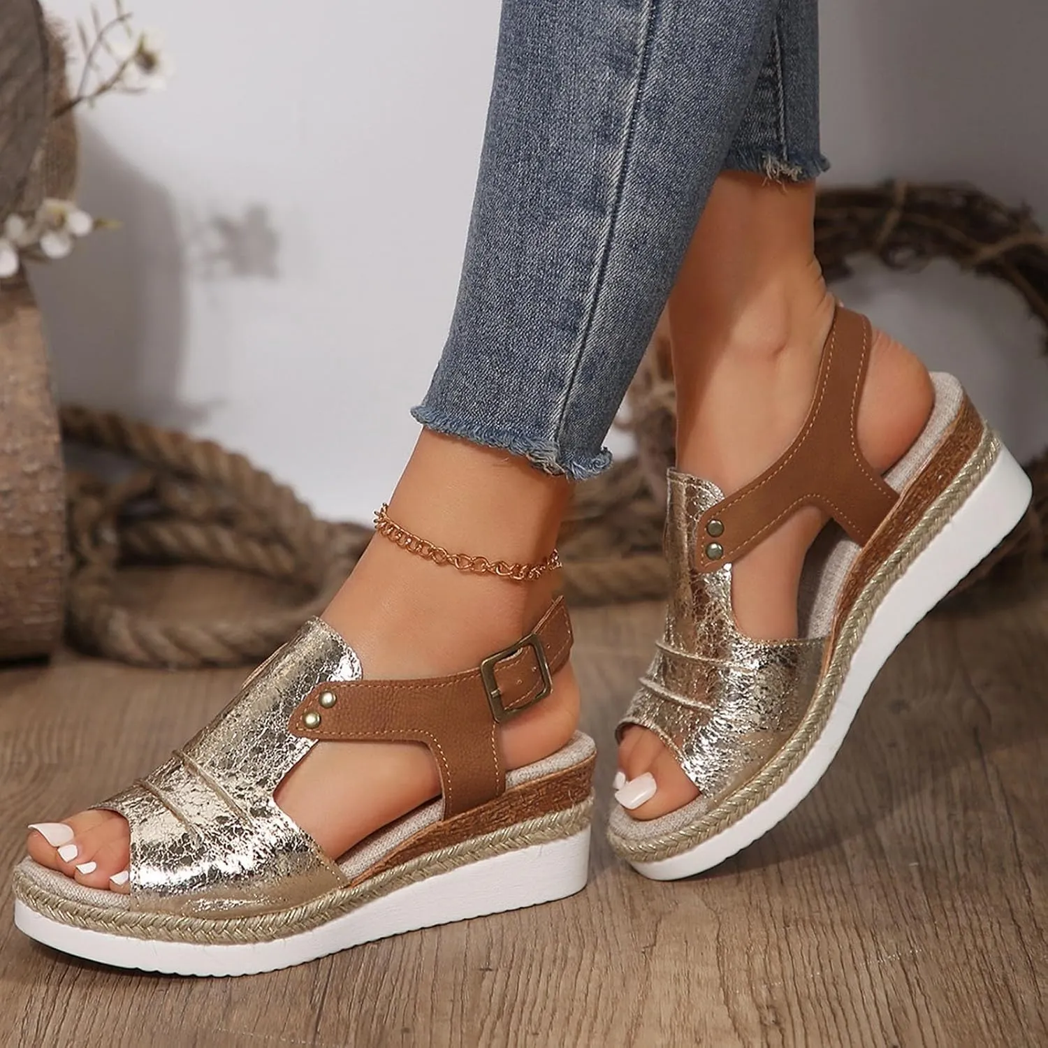 Dheva-C Orthopedic Platform Wedge Sandals for Women Summer Dressy 2023 Flat Open Toe Ankle Strap Espadrilles Sandals Casual Strappy Slip on Sandals Beach Boho Sandals Comfortable Outdoor Shoes