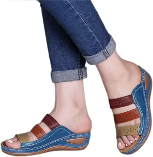 Dheva-C Orthopedic Sandals for Women Summer Casual Arch Support Walking Thong Print Leather Sandal Slip On Comfortable Vintage Anti-Slip Beach Shoes (Blue-1, 7.5)