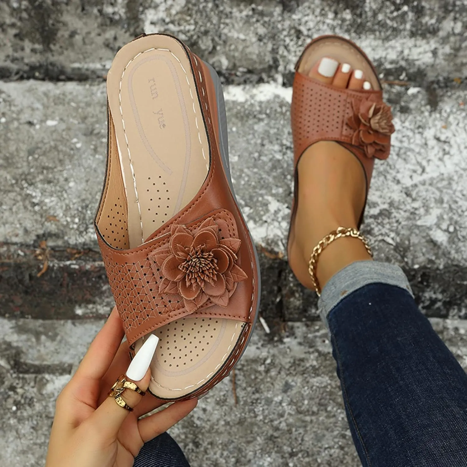Dheva-C Orthopedic Sandals for Women, Women Walking Slippers with Arch Support Anti-Slip Breathable Bohemia Comfortable Sandal Slip On Flip Flops (Brown-a, 6.5)