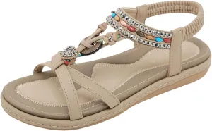 Dheva-C Orthopedic Sandals Women Flat Dressy Sandal Summer Comfortable Slip-on Casual Beach Shoes Dress Bohemian Ankle Elastic Flat Sandals Dressy Summer