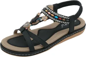 Dheva-C Orthopedic Sandals Women Flat Dressy Sandal Summer Comfortable Slip-on Casual Beach Shoes Dress Bohemian Ankle Elastic Flat Sandals Dressy Summer