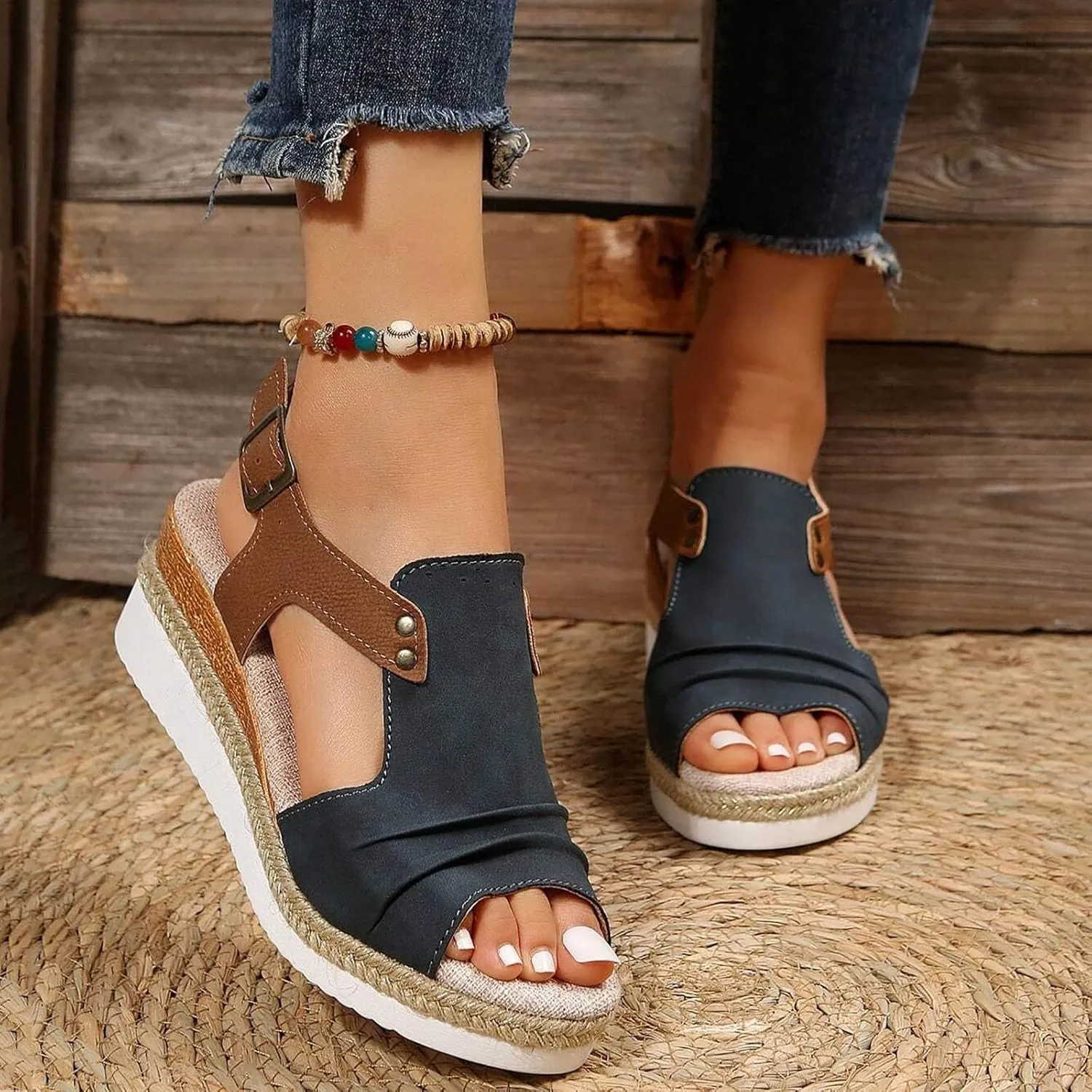 Dheva-C Orthopedic Wedge Sandals for Women Summer Dressy 2024 Open Toe Ankle Strap Platform Slip on Sandals Casual Strappy Low Wedges Sandals Beach Sandals Dress Shoes Comfortable Outdoor Shoes