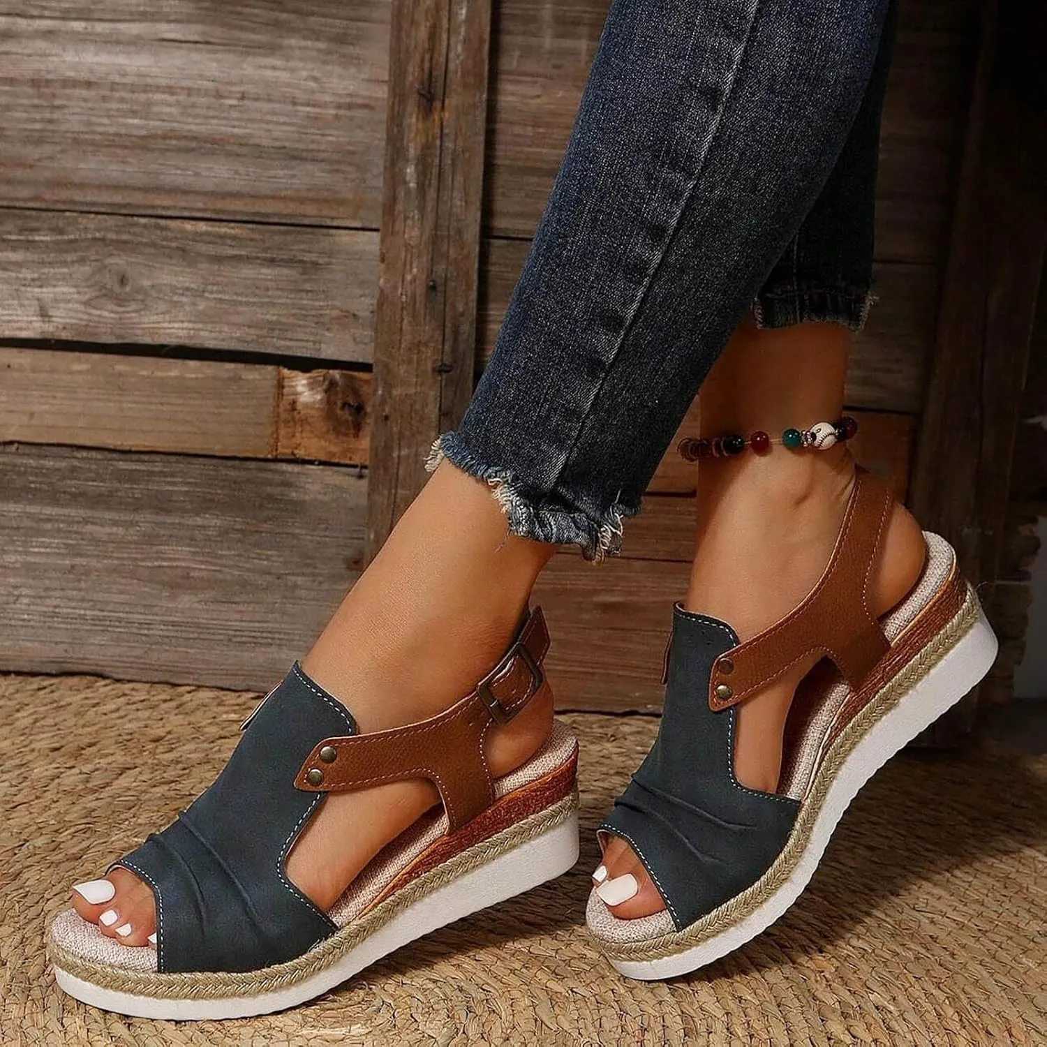 Dheva-C Orthopedic Wedge Sandals for Women Summer Dressy 2024 Open Toe Ankle Strap Platform Slip on Sandals Casual Strappy Low Wedges Sandals Beach Sandals Dress Shoes Comfortable Outdoor Shoes