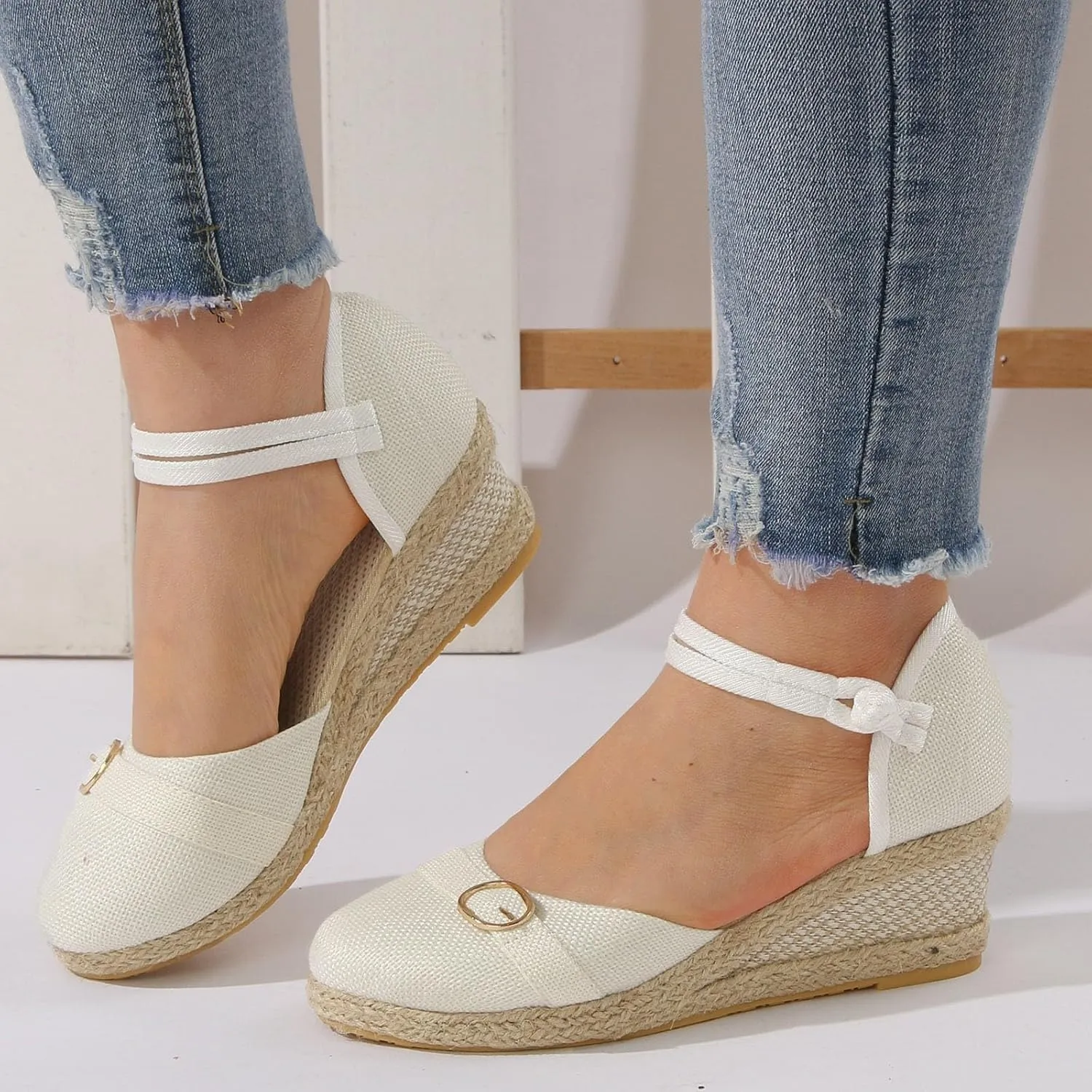 Dheva-C Women's Orthopedic Sandals for Women Arch Support Women's Ankle Strap Closed Toe Espadrille Sandals Platform Wedge Heels Sandals Summer Spring Shoes Retro Breathable Casual Ladies Shoes