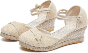 Dheva-C Women's Orthopedic Sandals for Women Arch Support Women's Ankle Strap Closed Toe Espadrille Sandals Platform Wedge Heels Sandals Summer Spring Shoes Retro Breathable Casual Ladies Shoes