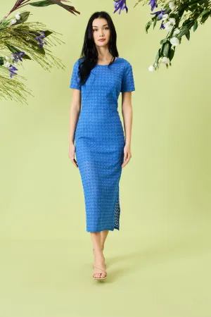 Donna Morgan Short Sleeve Regatta Blue Lace Midi Dress  Elegant & Effortless
