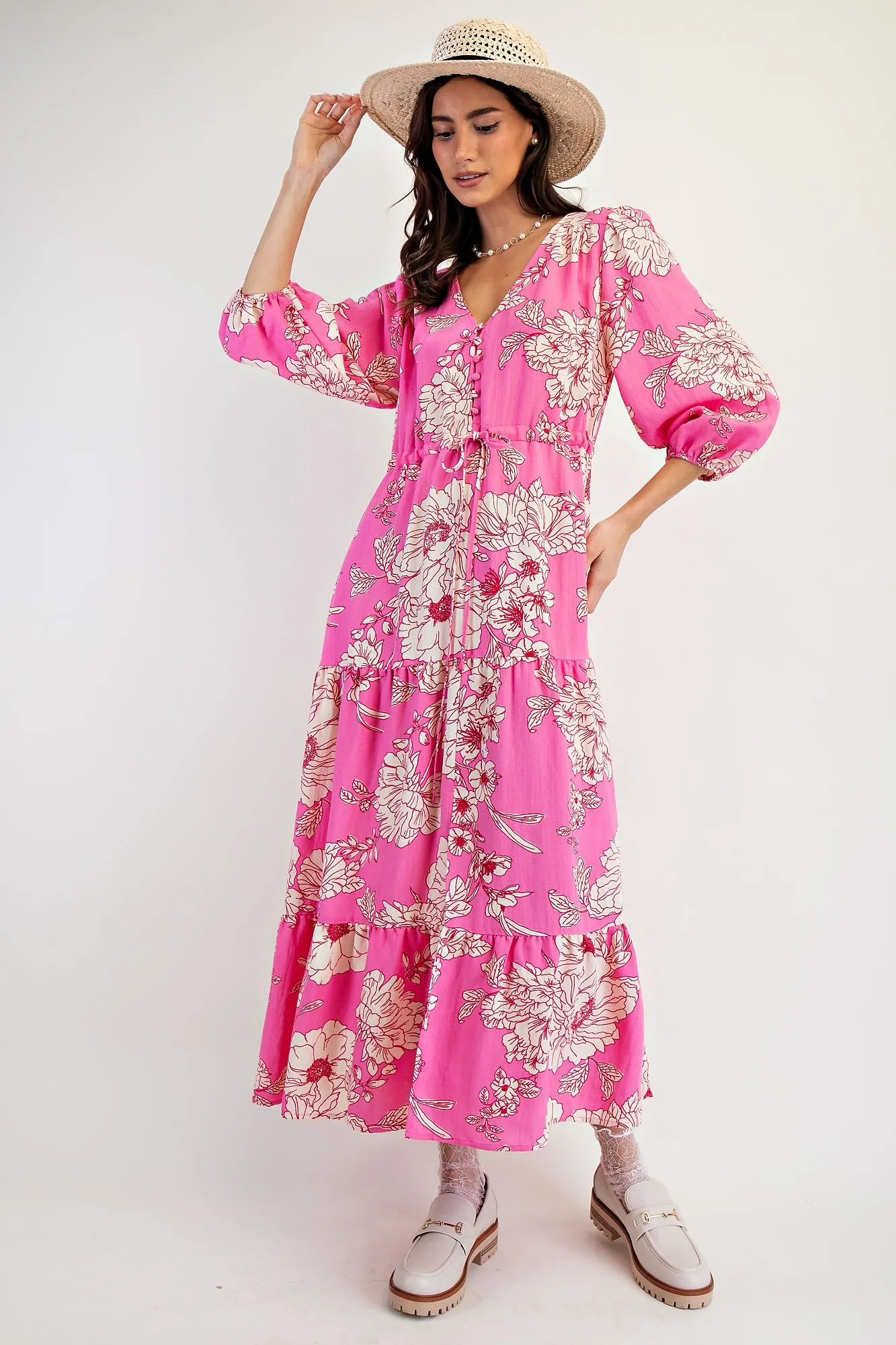  Easel Malibu Pink Floral Tiered Maxi Dress Plus