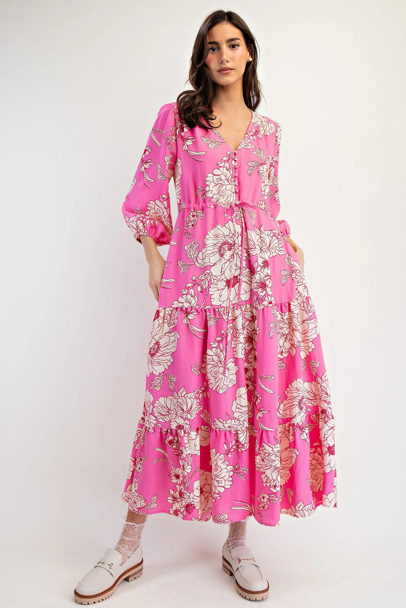  Easel Malibu Pink Floral Tiered Maxi Dress Plus