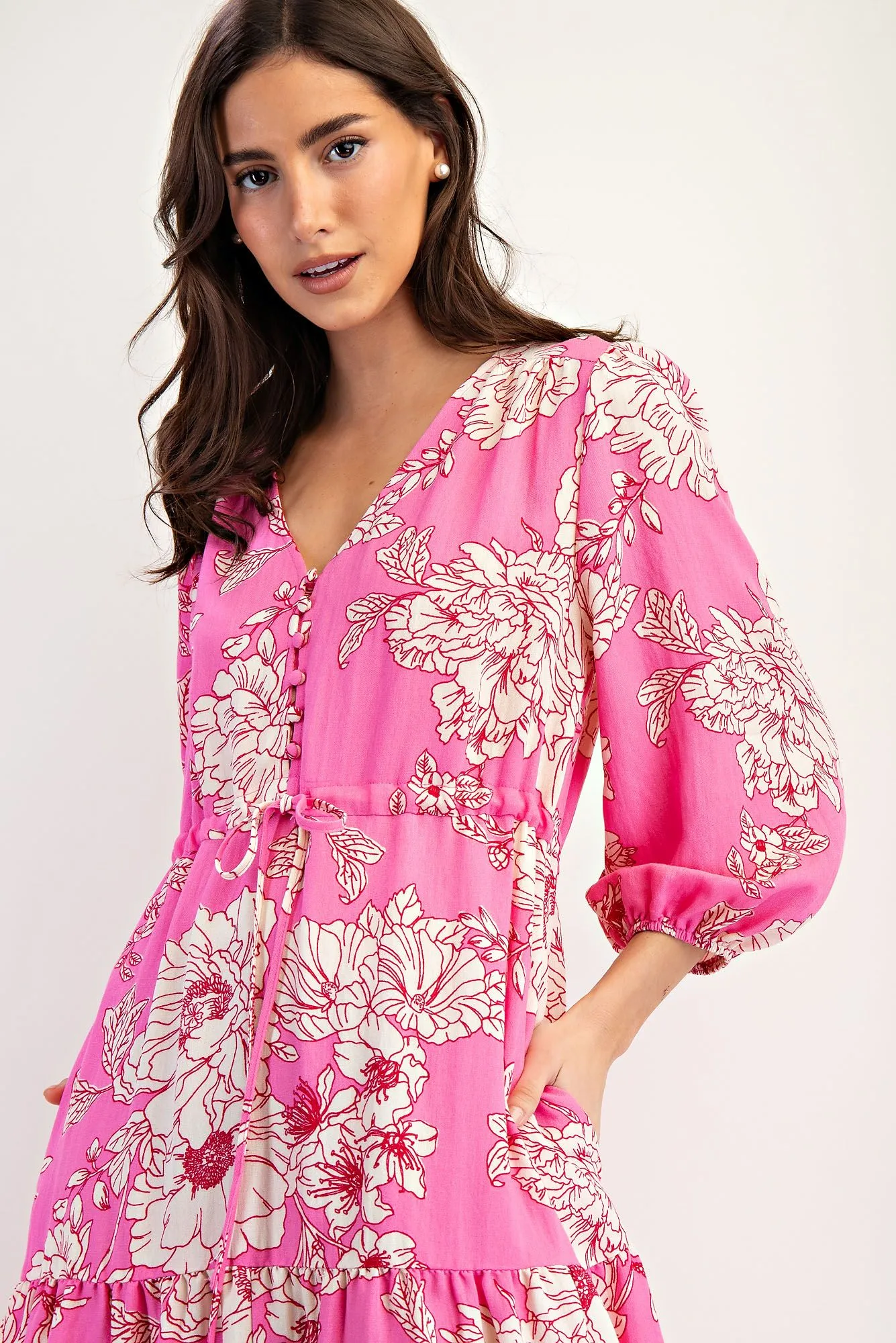  Easel Malibu Pink Floral Tiered Maxi Dress Plus