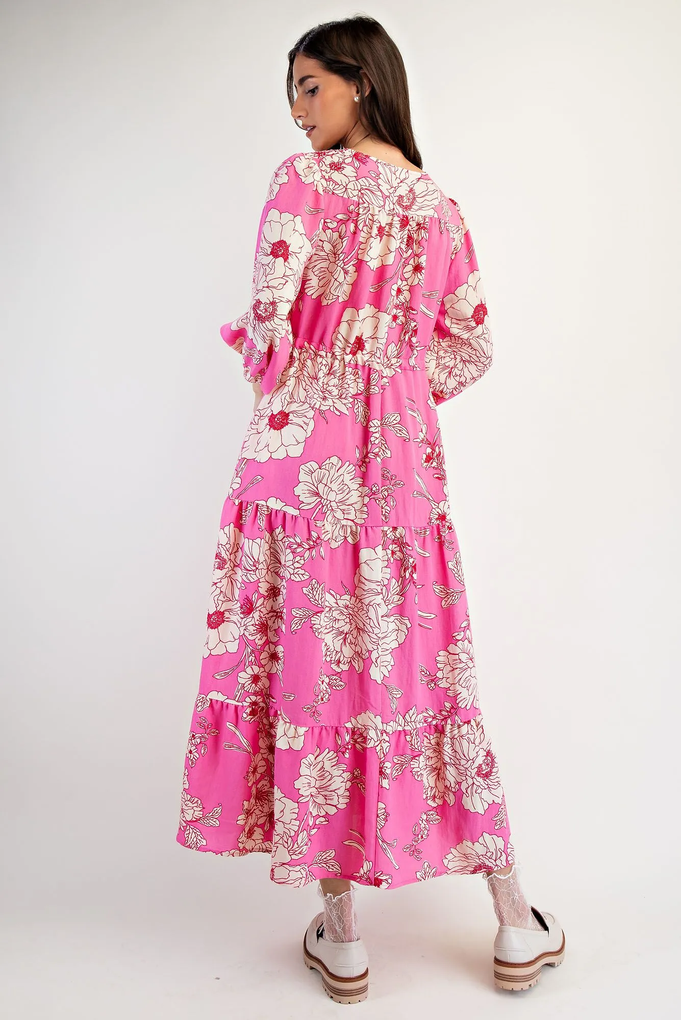  Easel Malibu Pink Floral Tiered Maxi Dress Plus