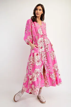  Easel Malibu Pink Floral Tiered Maxi Dress Plus