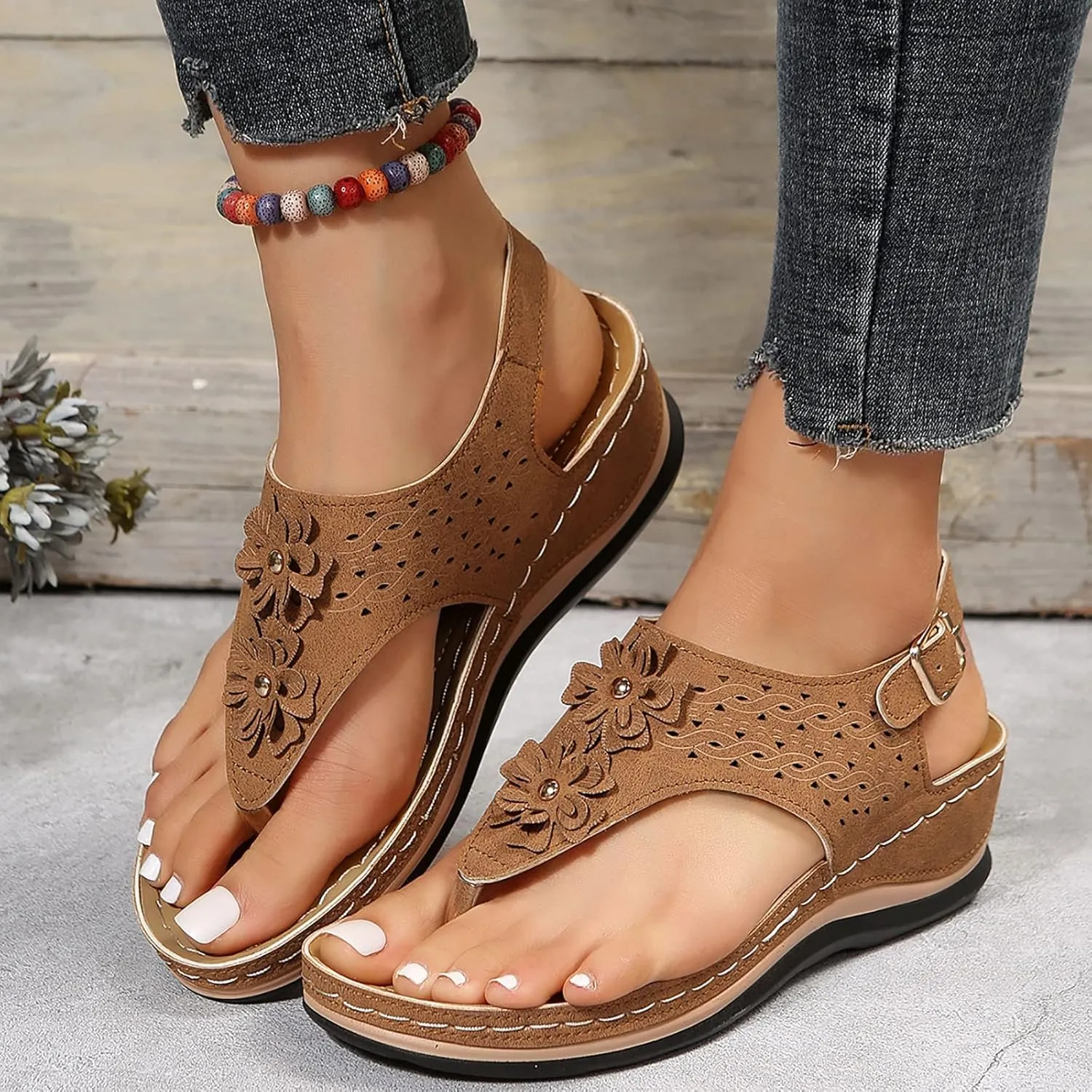 Eduavar Orthopedic Sandals for Women, Womens Sandals Comfy Flip Flops Sandal Anti-Slip Breathable Ankle Strap Sandals