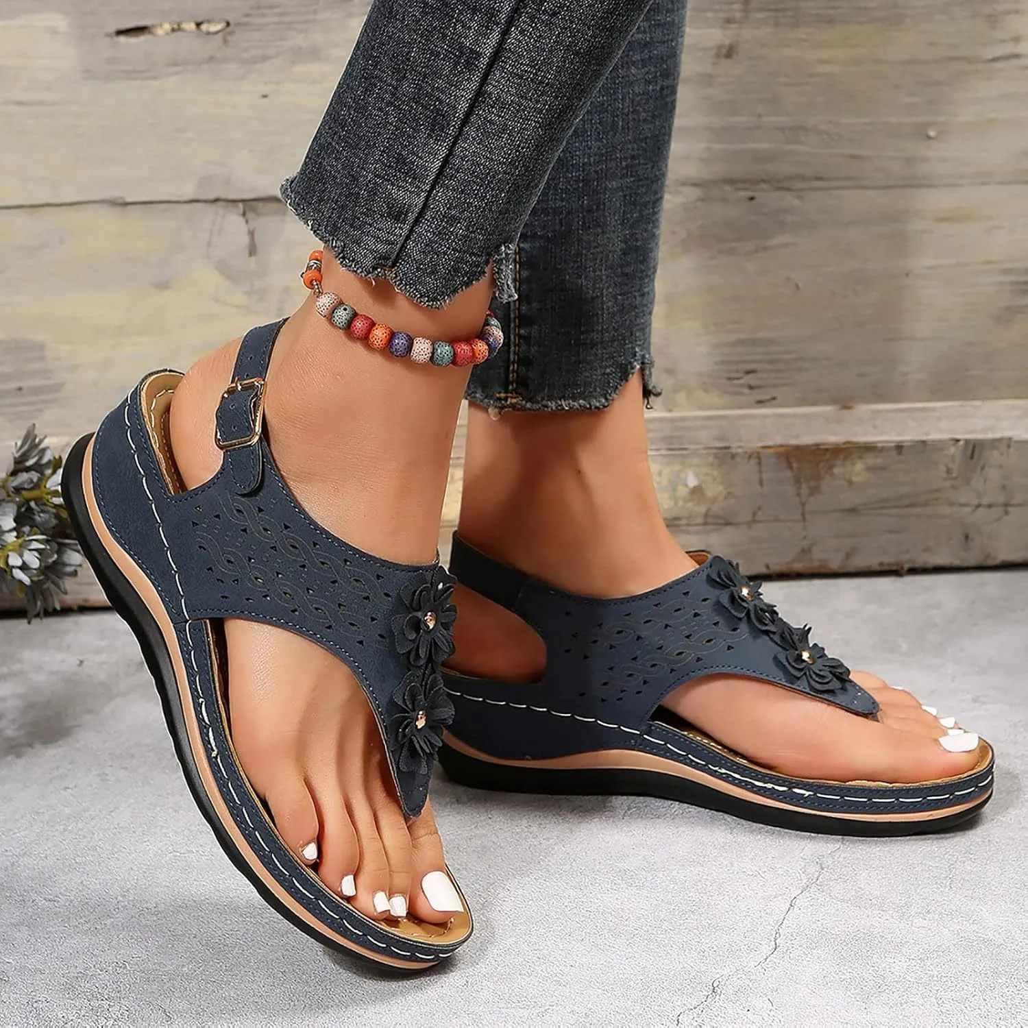 Eduavar Orthopedic Sandals for Women, Womens Sandals Comfy Flip Flops Sandal Anti-Slip Breathable Ankle Strap Sandals