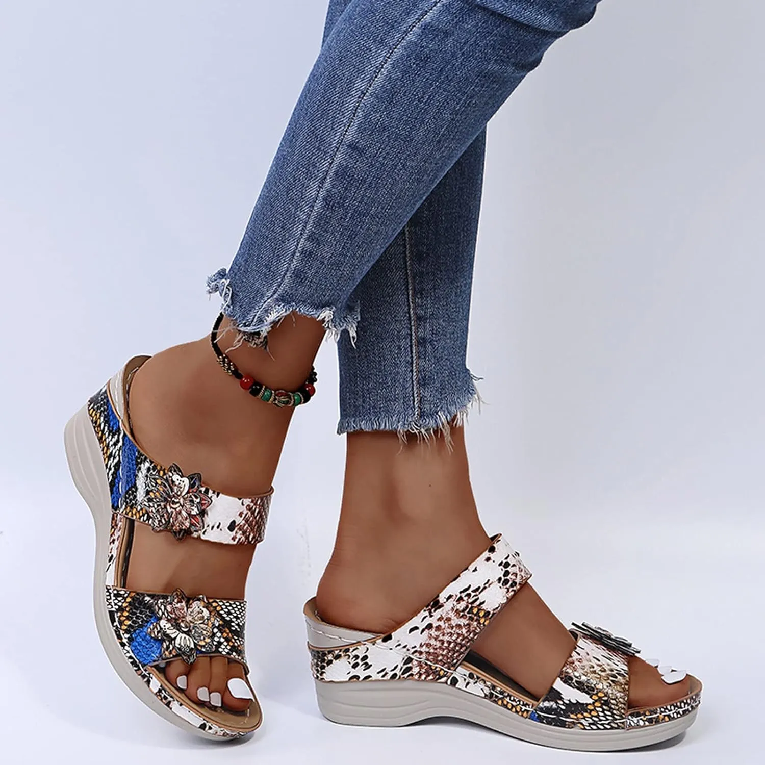 Eduavar Sandals for Women Dressy Summer, Womens Sandals Comfortable Leopard Print Wedge Platform Sandals with Arch Support