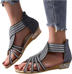 Eduavar Summer Sandals for Women 2023, Sandals Women Dressy Rhinestones Wedge Sandals Open Toe Zip Up Sandals Shoes