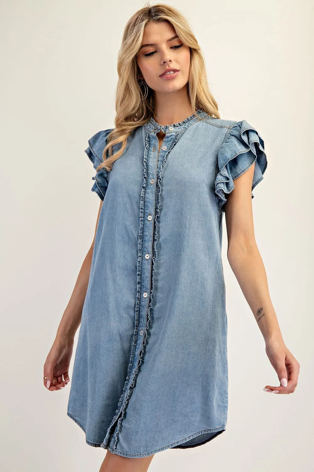 ee:some Chambray Button Down Ruffle Sleeve Mini Dress