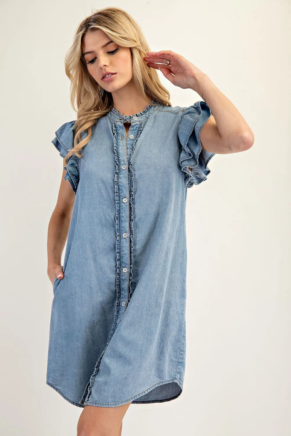 ee:some Chambray Button Down Ruffle Sleeve Mini Dress