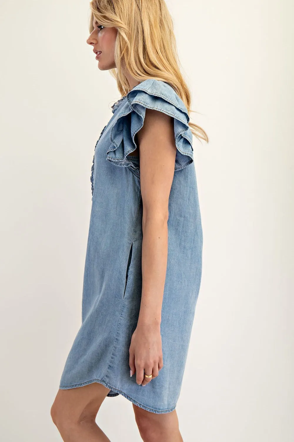 ee:some Chambray Button Down Ruffle Sleeve Mini Dress