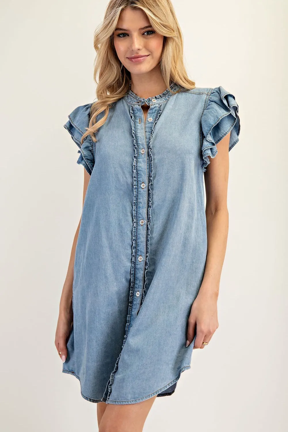 ee:some Chambray Button Down Ruffle Sleeve Mini Dress