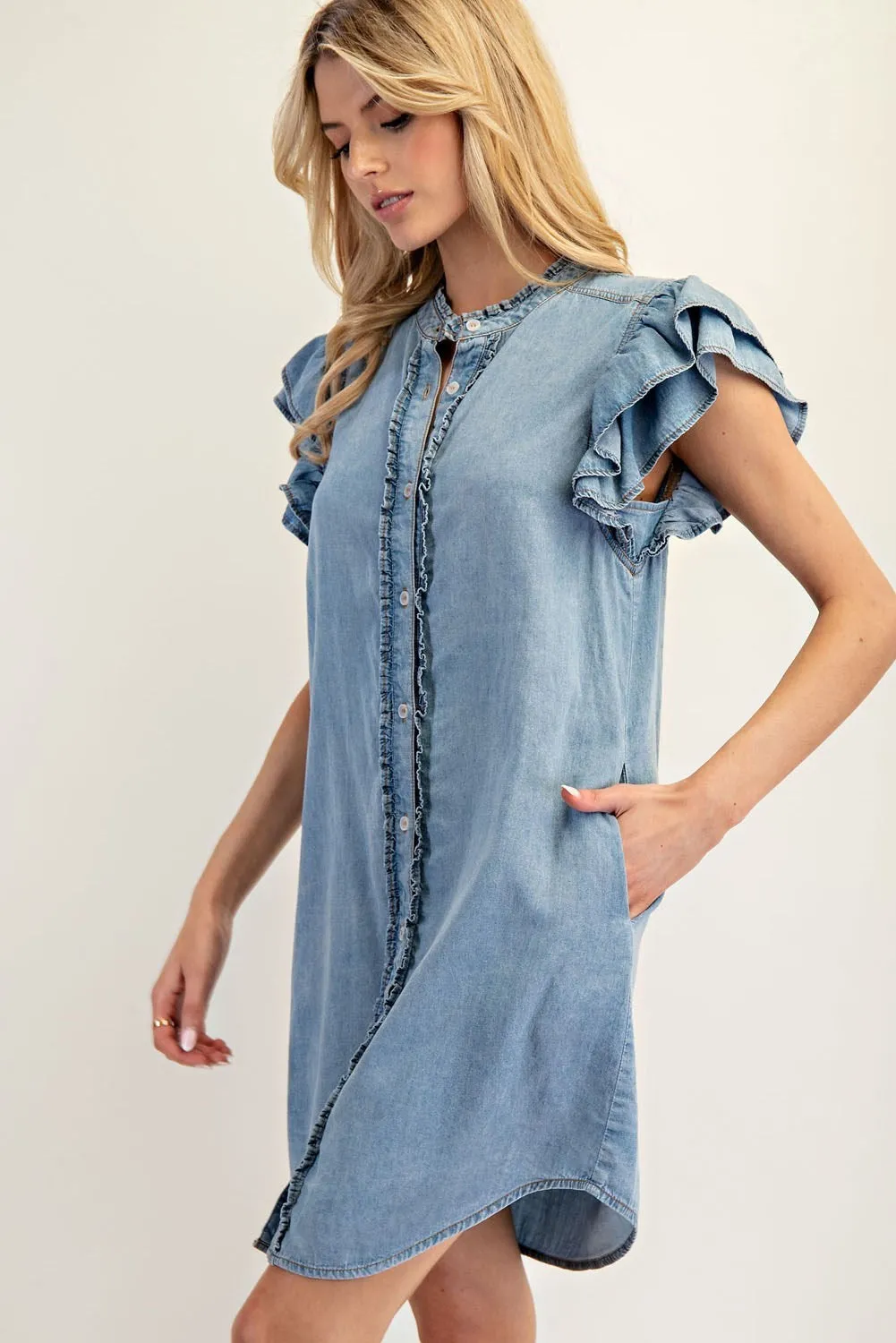 ee:some Chambray Button Down Ruffle Sleeve Mini Dress