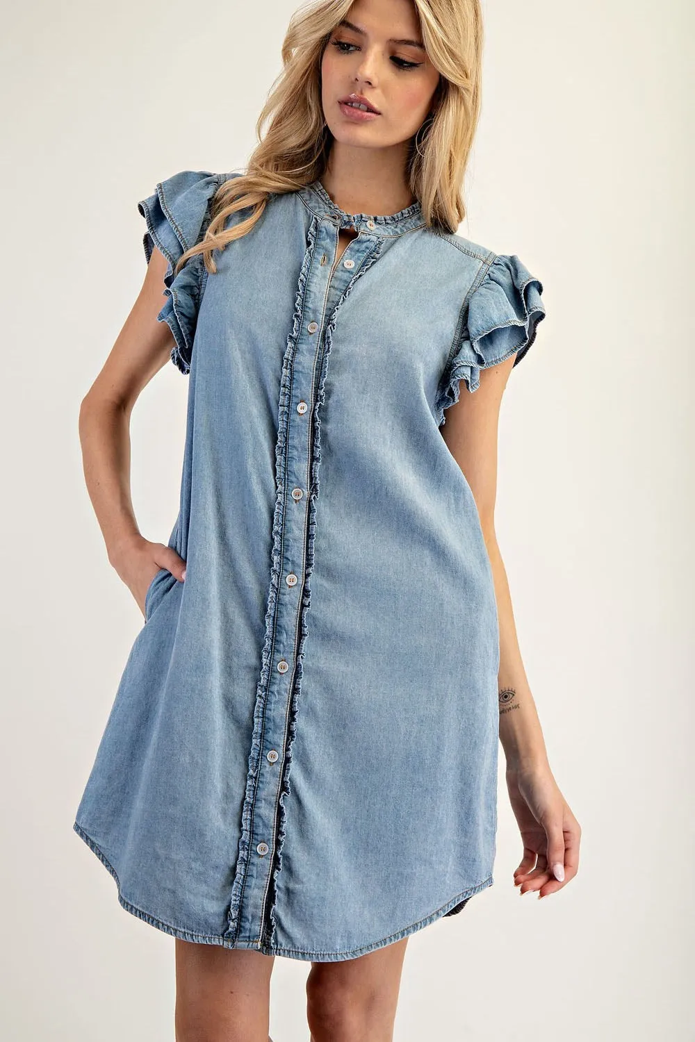 ee:some Chambray Button Down Ruffle Sleeve Mini Dress